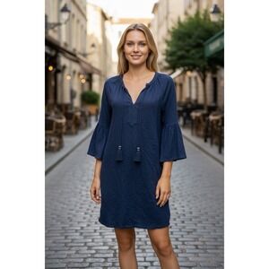 Lilly Pulitzer Del Lago Dress Women's Navy Blue Cotton Blend Bell Sleeve Size S